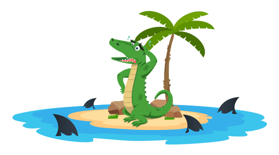 PlayCroco online casino mascot surrounded by sharks