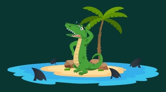 PlayCroco online casino mascot surrounded by sharks