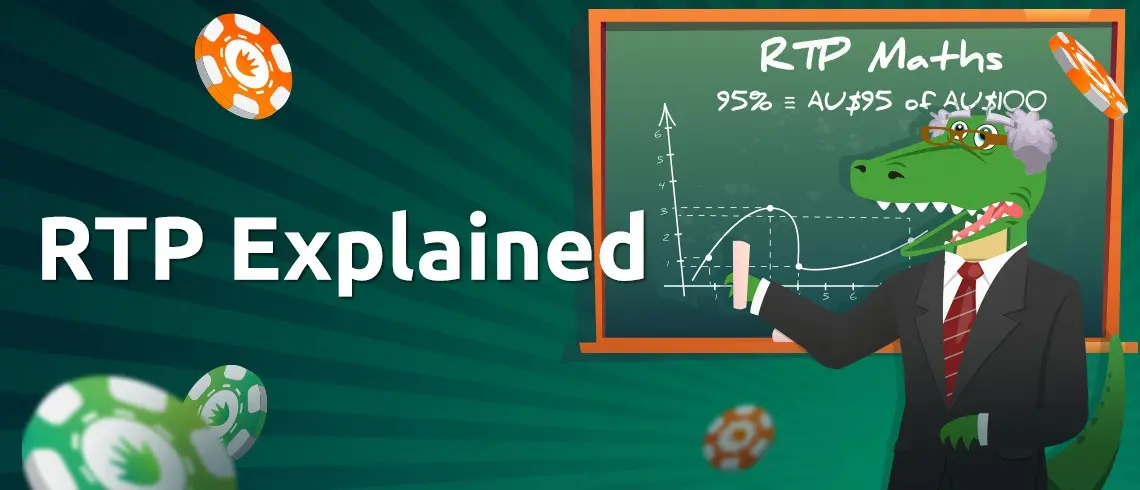 Croco dressed like a friendly professor with glasses, Croco pointing at a chalkboard and chalkboard showing simple RTP percentage and playful math scribbles