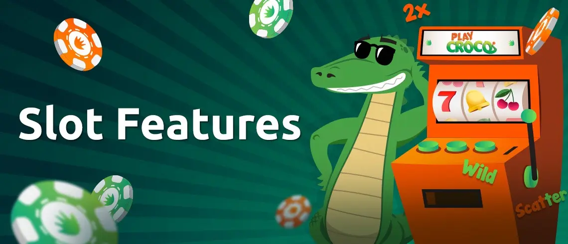 PlayCroco casino slot features illustration with crocodile mascot, slot machine showing wild and scatter symbols, and floating poker chips