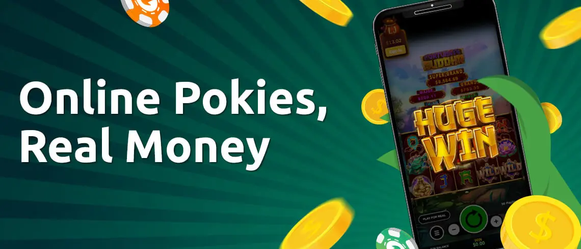 A smartphone displaying a 'Huge Win' screen on the Fortune Buddha online pokie, surrounded by gold coins and casino chips &ndash; PlayCroco Casino