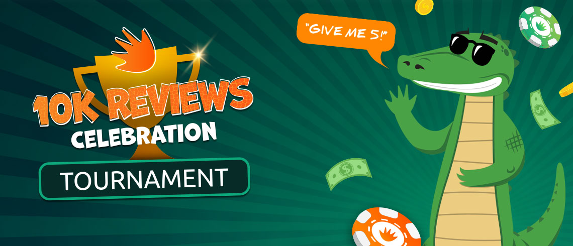 10K reviews celebration, Croco with trophy, casino chips and money