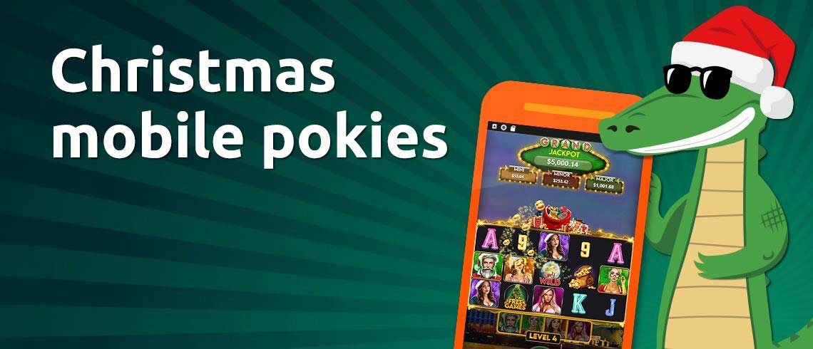 Croco with Christmas hat playing mobile pokies Croco with Christmas hat playing mobile pokies