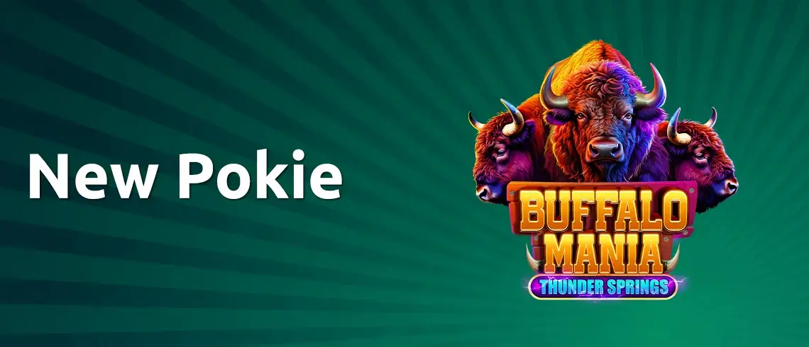 Promotional banner for the Buffalo Mania Thunder Springs slot game featuring three colourful buffalo heads and the text &lsquo;New Pokie&rsquo; on a green background.