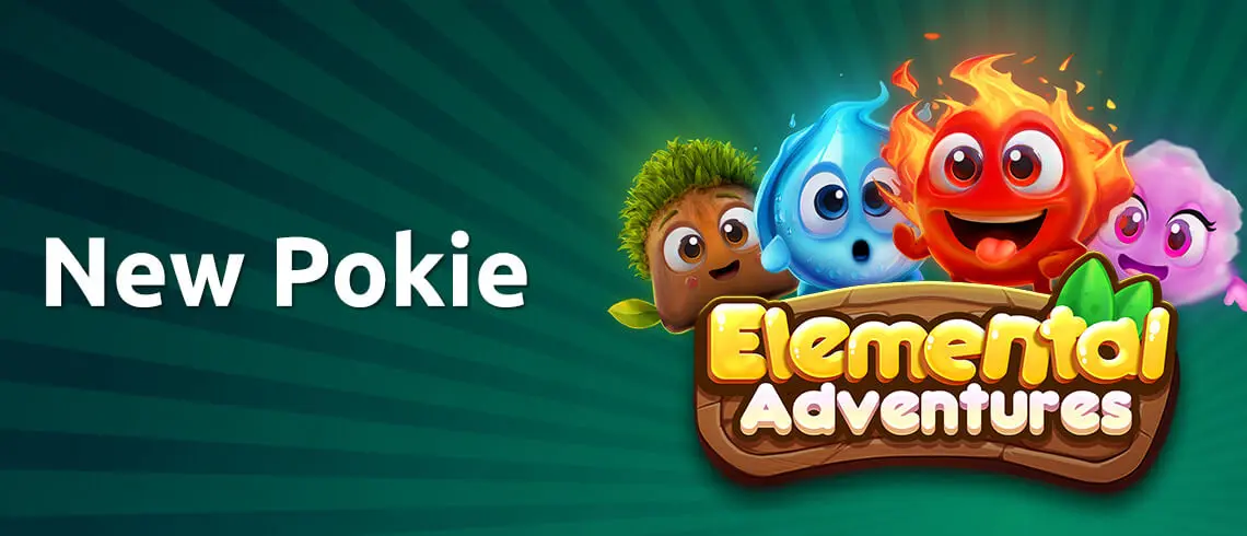 PlayCroco Elemental Adventures online pokies game banner with h fire water air and earth cartoon symbols