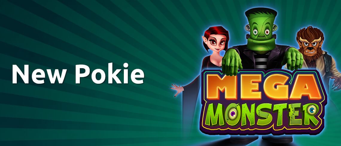 New Pokie game 'Mega Monster' with vampire, Frankenstein, and werewolf.