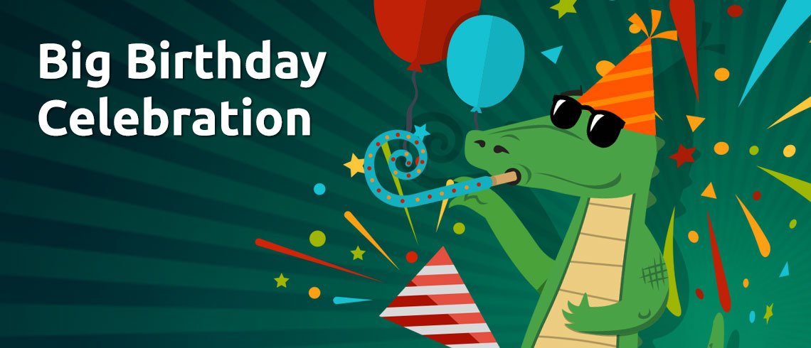 Croco with party hat, streamers, balloons and blowout 