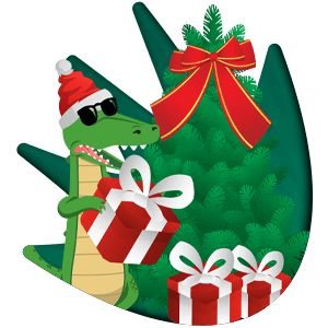 Croco with Christmas presents under a Christmas tree 