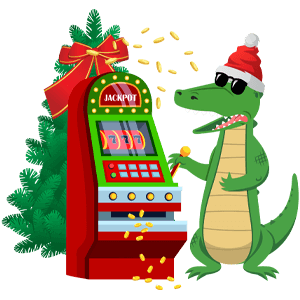 Croco with Christmas hat playing festive slots and winning jackpot