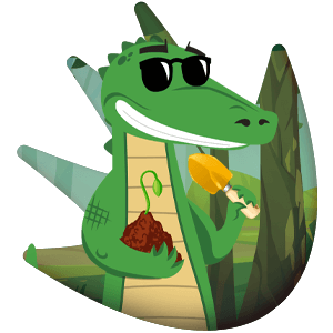Croco mascot wearing sunglasses in a forest with spade and seedling to plant