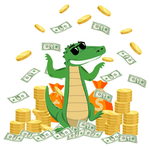 Croco , money bags, dollar notes, coins